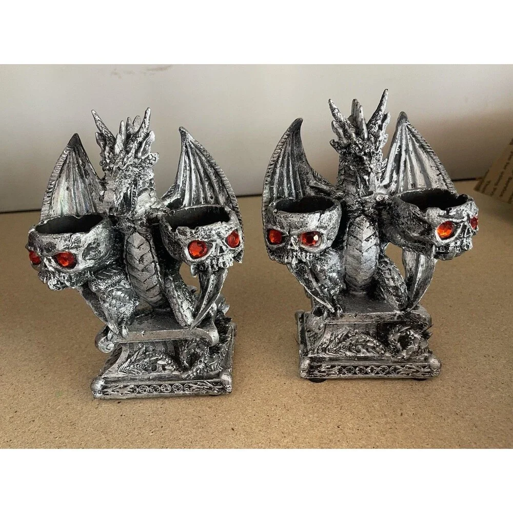 2 Dragon Skulls Candle Holder Gothic Statue Tealight Candelabra Halloween Decor